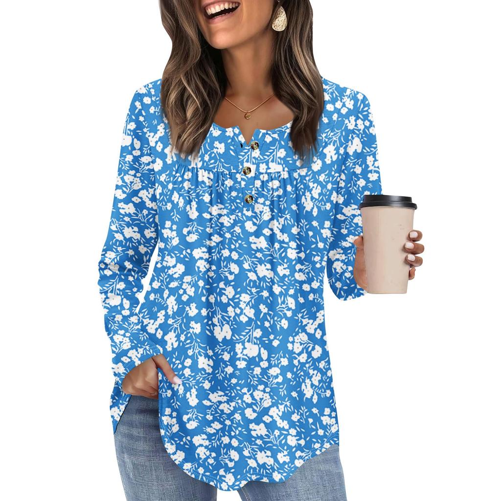 Женская туника с длинным рукавом, свободные топы, повседневные топы оверсайз, плиссированная туника, застегивающаяся на пуговицы, повседневные женские топы с принтом