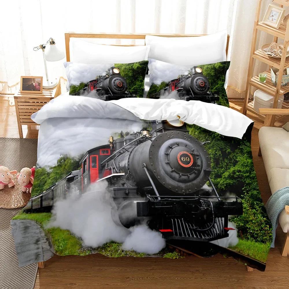 Пододеяльник Кинг/Квин Паровой двигатель Винтажный Поезд Железная дорога Комплект постельного белья Для Подростков Взрослых Ретро Транспорт Полиэстер Пододеяльник