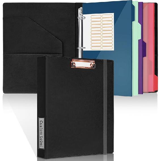 Antner PU Leather 3 Ring Binder with Clipboard, 1 Inch Clipboard Binder Organizer for Letter Size Paper, 5 Divider Folders with 10 Pockets, Hardcover