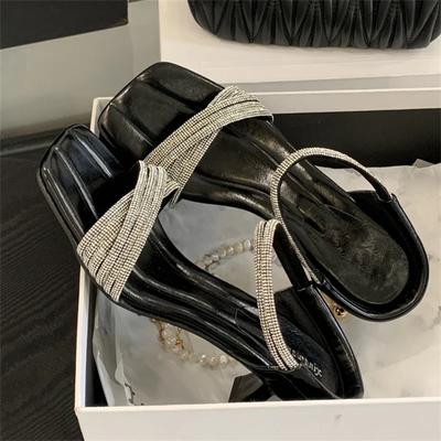 Eilyken Летние КРИСТАЛЛ Бриллиант Узкий Ремешок Квадратный Носок Женские Шлепанцы Тонкий Низкий Каблук Сандалии Женская Обувь