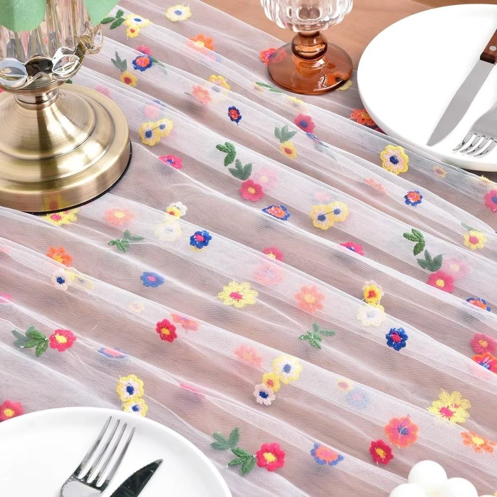 Semi-Transparent Tulle Table Runner Vintage Wedding Desktop Decoration Floral Tablecloth Party