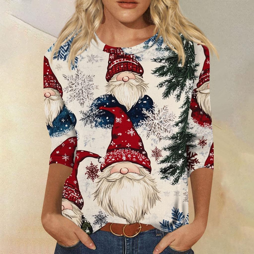 Women's Fashion Casual Seven Sleeve Christmas Printed Round Neck Top
