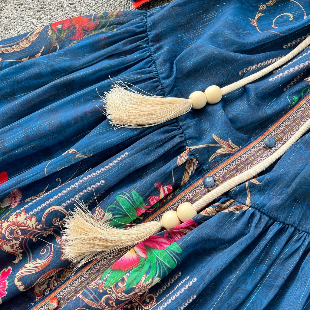 Весна-лето Женское винтажное платье с принтом дворца на подиуме с рукавами-фонариками Длинные макси-платья для отдыха на пляже с поясом