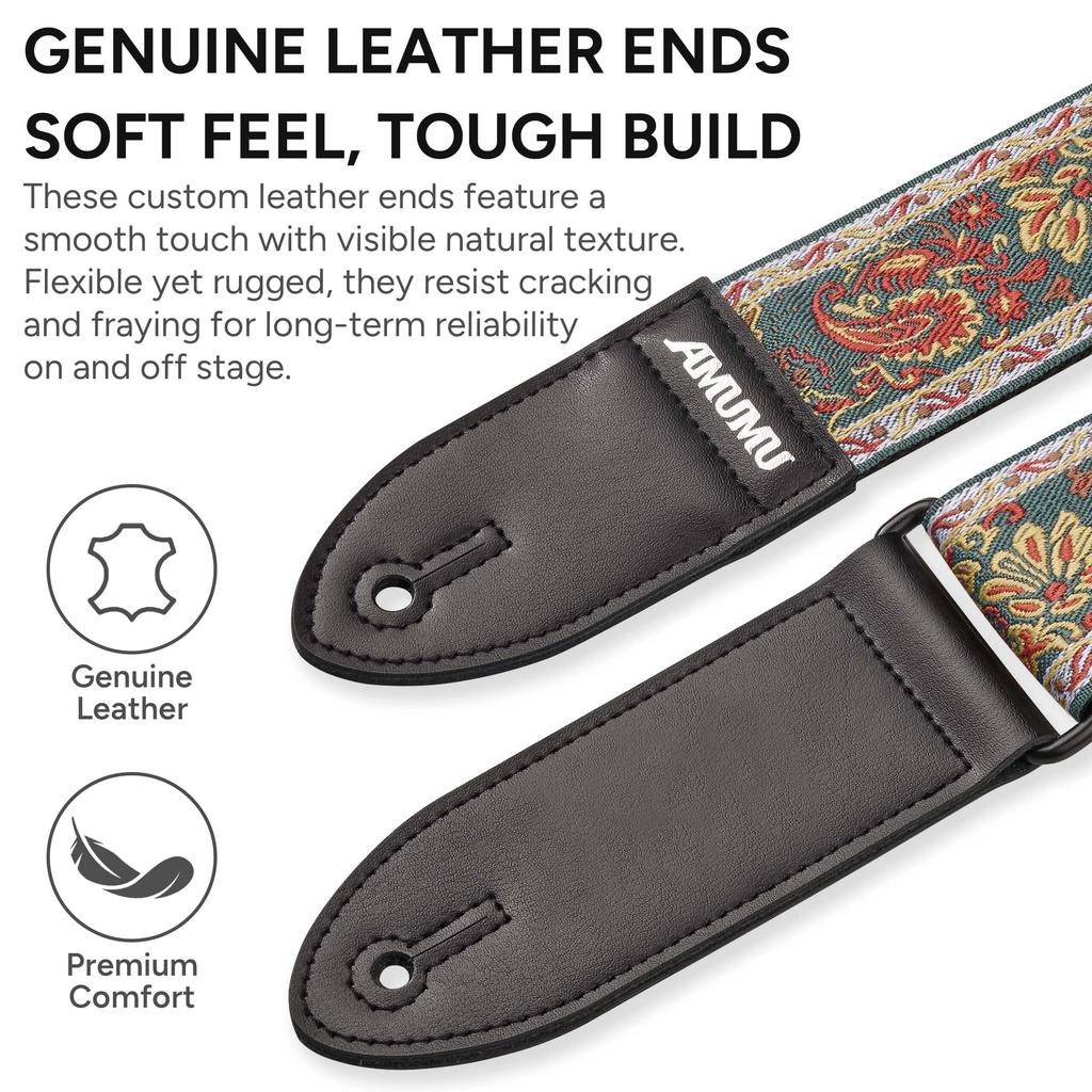 Amumu Guitar Strap 5cm Wide Vintage Paisley with Premium Leather Fits and Adjustable from 94cm To 160cm - Ends, Acoustic, Electric, Bass,