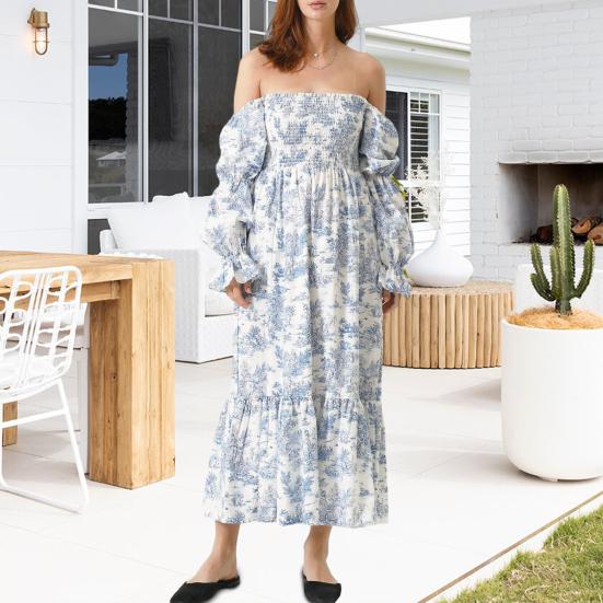 Женское платье макси с открытыми плечами, длинными рукавами-фонариками, квадратным вырезом, струящимся платьем в стиле бохо с цветочным принтом, присборенной талией, длинное платье