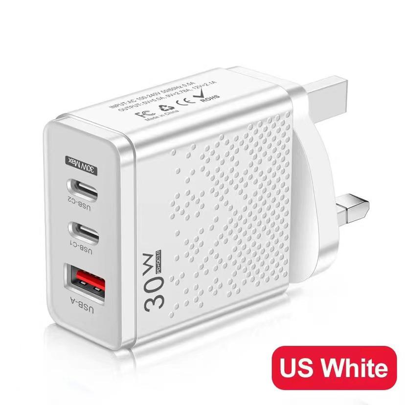 Многопортовое USB и Dual PD Type-C зарядное устройство для США/ЕС/Великобритании - 30 Вт Дорожный адаптер