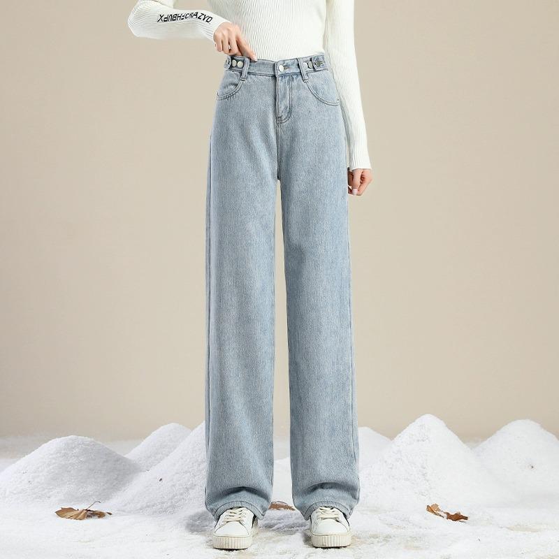 Women's Winter Retro High-Waist Wide-Leg Plush Jeans: Light-Toned, Thick, Loose, and Slimming.
