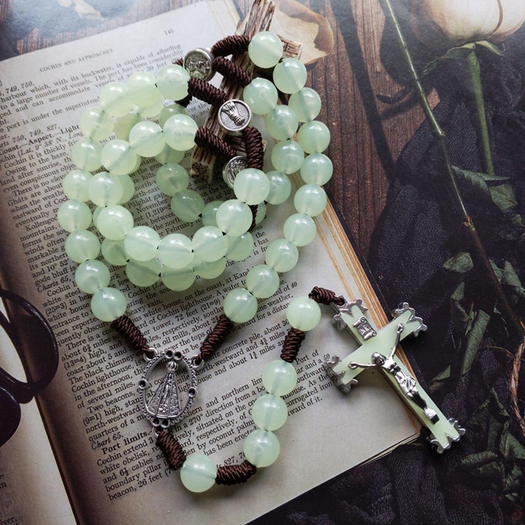 10mm Rosary Beads Luminous Necklace Jesus Crucifix for Cross Pendant Necklaces Glow In Dark Religious Jewelry for Men Wo