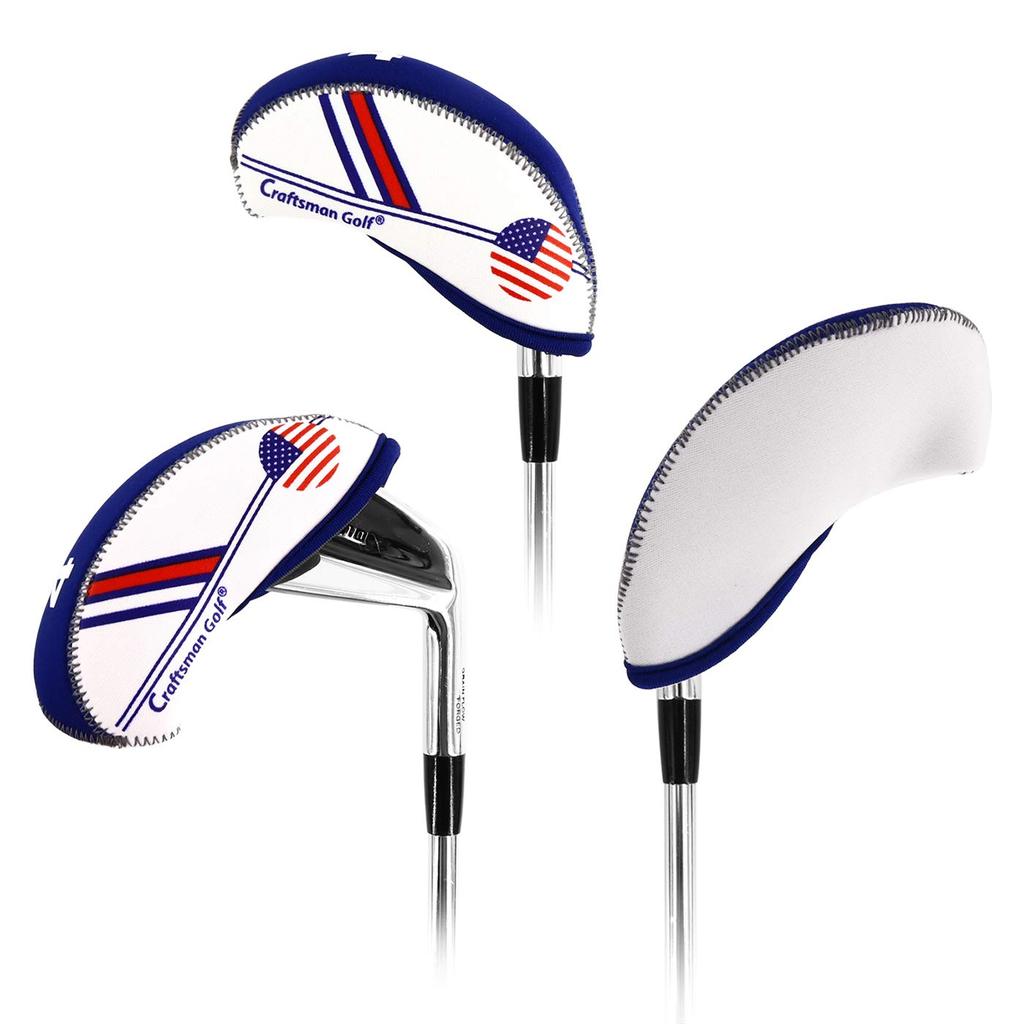 Чехол для клюшки CRAFTSMAN Golf Iron, набор из 10 штук (4-9, ПВ, АВ, ЮЗ, ЛВ) Неопреновый эластичный узор с американским флагом, белый, синий