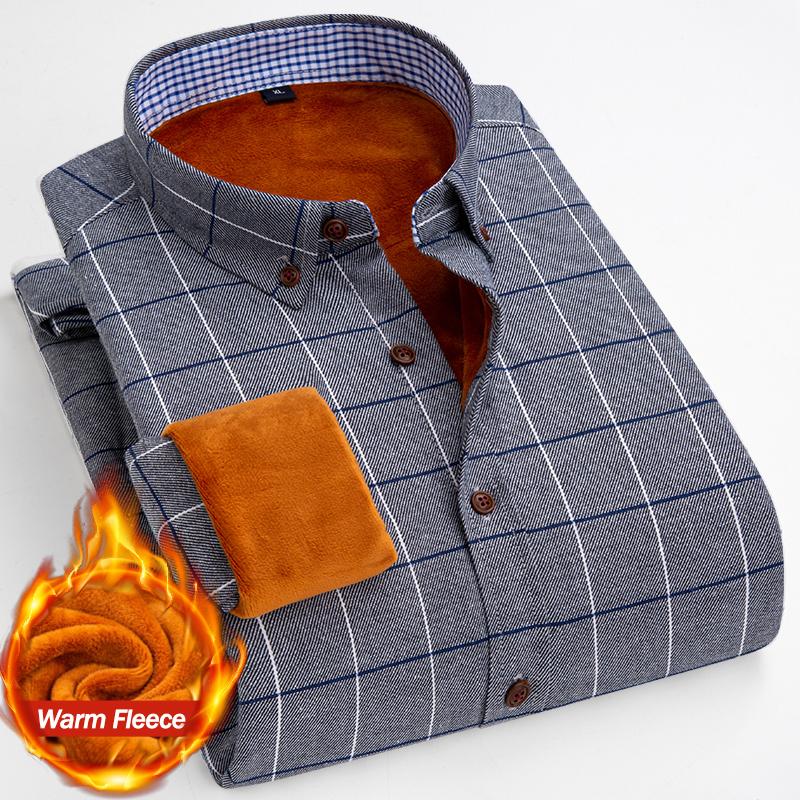 Теплая рубашка Зимняя мужская флисовая классическая клетчатая рубашка с длинным рукавом Комфортная приталенная повседневная деловая плюшевая бархатная утолщенная рубашка-платье