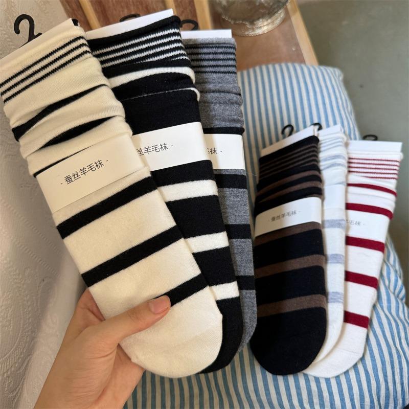 Mulberry, Silk, Cotton, Wool Socks, Winter Striped Boneless Socks, Mid-calf Socks, Striped Socks for Women