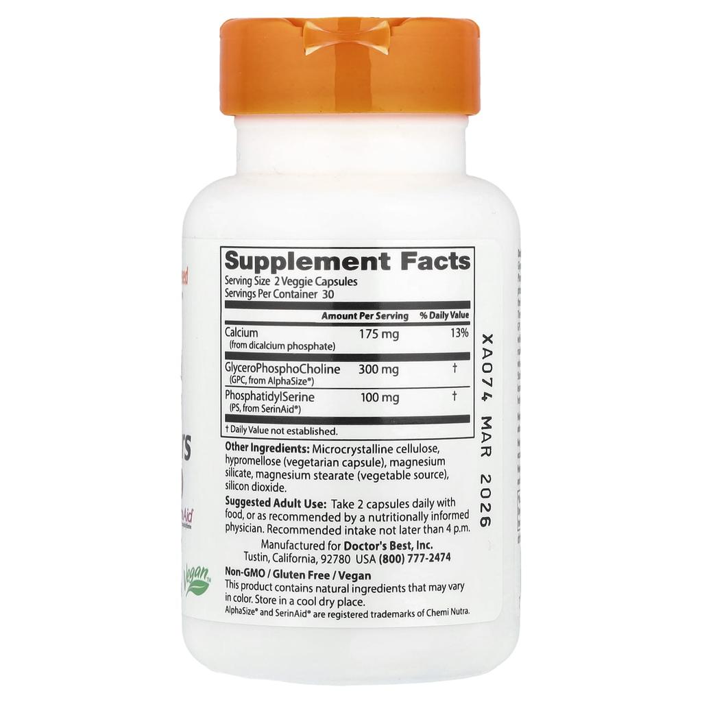 Doctor's Best Натуральное питание для мозга с Alphasize и Serinaid, 60 вегетарианских капсул