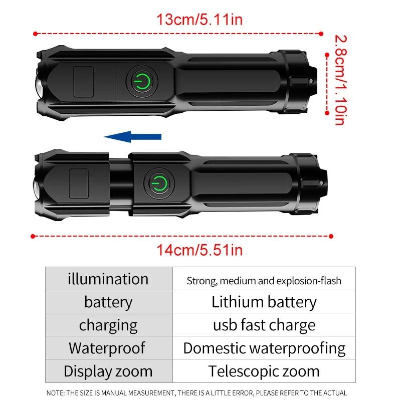 High Power LED Flashlight USB Rechargeable Torch Portable Zoomable Camping Light 3 Lighting Modes Outdoor LED Light Flashlight