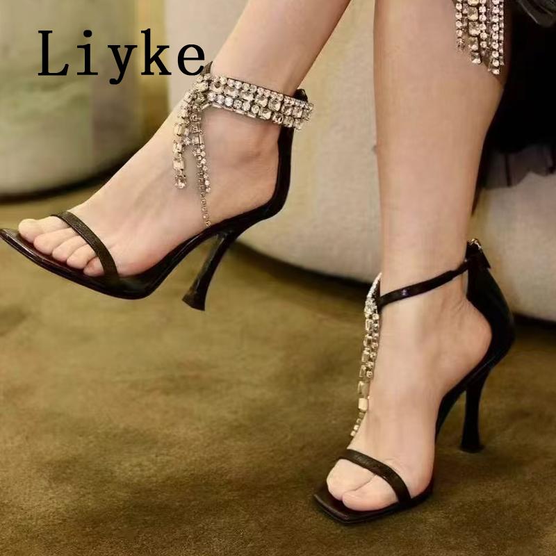 Fashion Liyke 2025 New Fashion Crystal Tassels Woman Sandals Sexy Ankle Zip Cover Strap Rhinestone High Heels Wedding Party Shoes Women