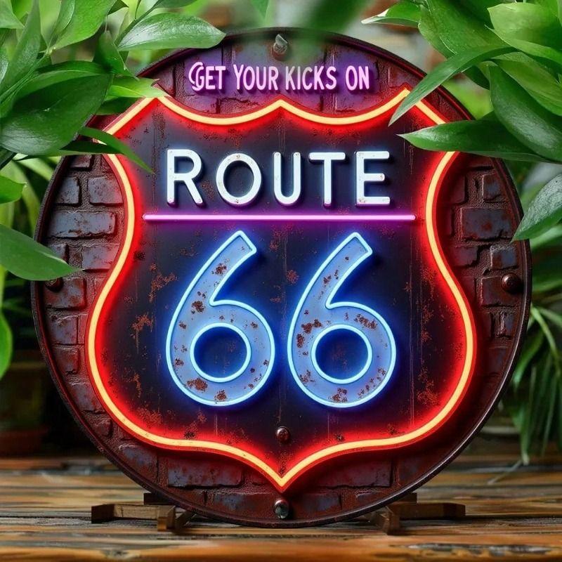 Винтажная металлическая табличка Route 66 Неоновый знак, Антивандальное настенное искусство для гаража