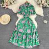 Vintage Robes Puff Short Sleeve Lapel Neck Vestido Wrapped Waist Slim Medium Length A-Line Print Dress