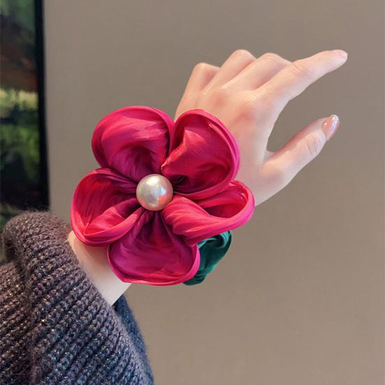 Hair Tie Handmade Satin Flower Decor Hair Tie with Imitation Pearls Large Elastic Soft Hair Band Autumn Winter Hair Accessories