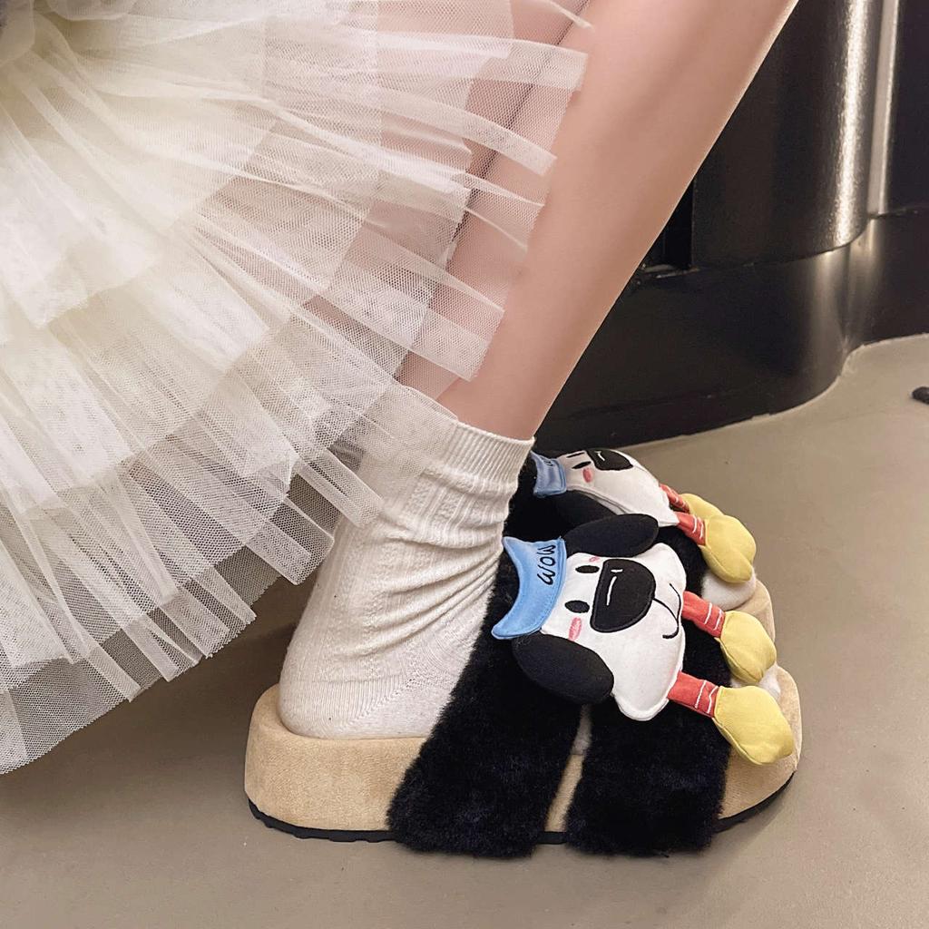Милые мультяшные пушистые туфли для женской коллекции осень-зима 2025 года, бархатные теплые хлопковые туфли, пушистые туфли на толстой нескользящей подошве