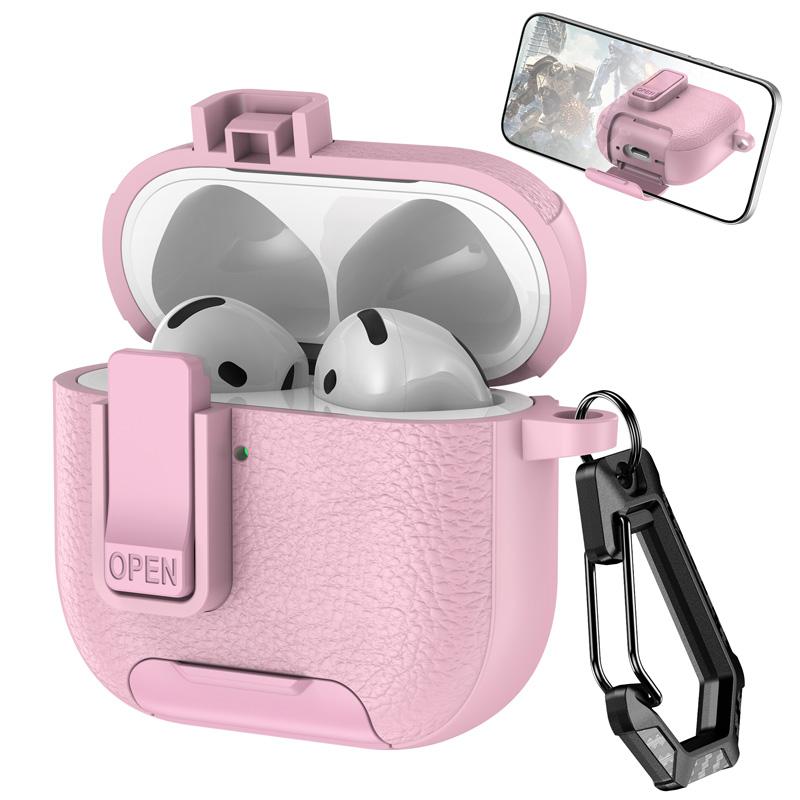 Luxury Leather Textured Headphone Case with Stand for Airpods 4 Pro 2 3 2 1 Case Drop-proof Headphone Case with a Hook