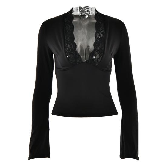 Женский укороченный топ с длинными рукавами, сексуальный, глубокий V-образный вырез, кружевная облегающая блузка, повседневная базовая рубашка для выхода на весну и осень