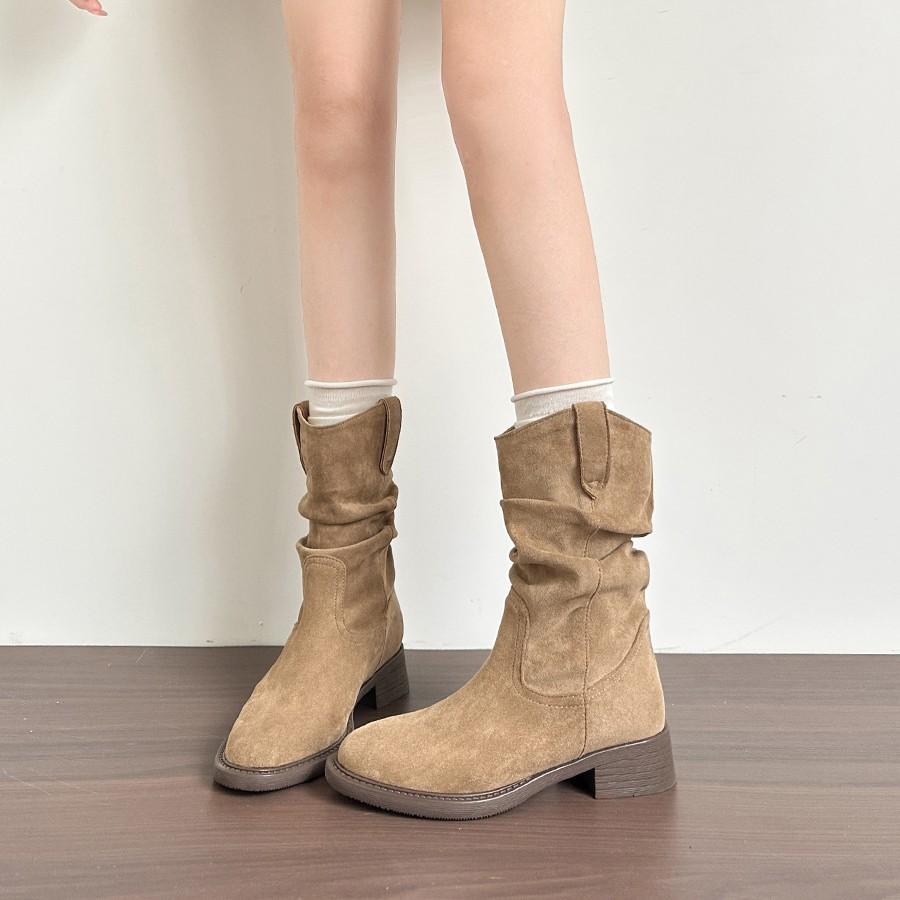 No South~ Pile Boots Women's Maillard Western Cowboy Boots Medium Boots Martin Boots Spring and Autumn