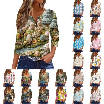 Жен. Футболка Футболка С принтом Пуговицы Рукав 3/4 Повседневные Выходные Мода Классический V-образный вырез Обычный Топ