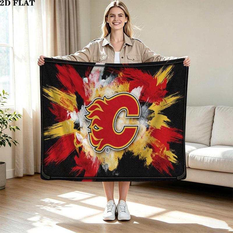 Calgary Flames Logo Print Flannel Blanket High Quality Warm Comfortable Cover for All Seasons Perfect for Gifts Home Decor