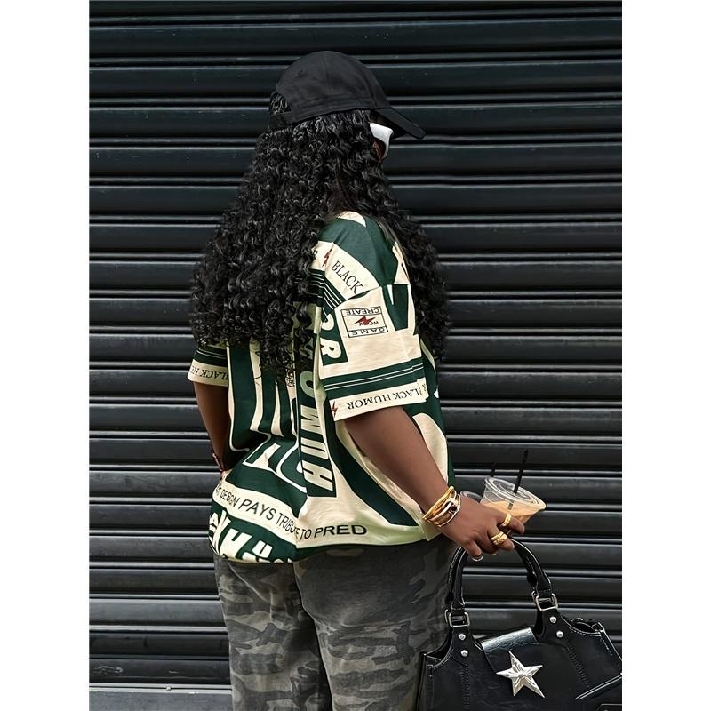 Большая американская ретро ЧЕРНАЯ футболка с принтом, короткий рукав, для женского уличного стиля, свободная и стройнящая, контрастный топ с половиной рукава