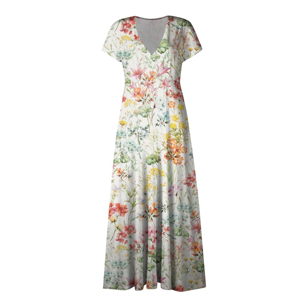 Женское длинное платье Макси-платье Повседневное платье Летнее повседневное платье с короткими рукавами и v-образным вырезом в стиле бохо с талией и принтом