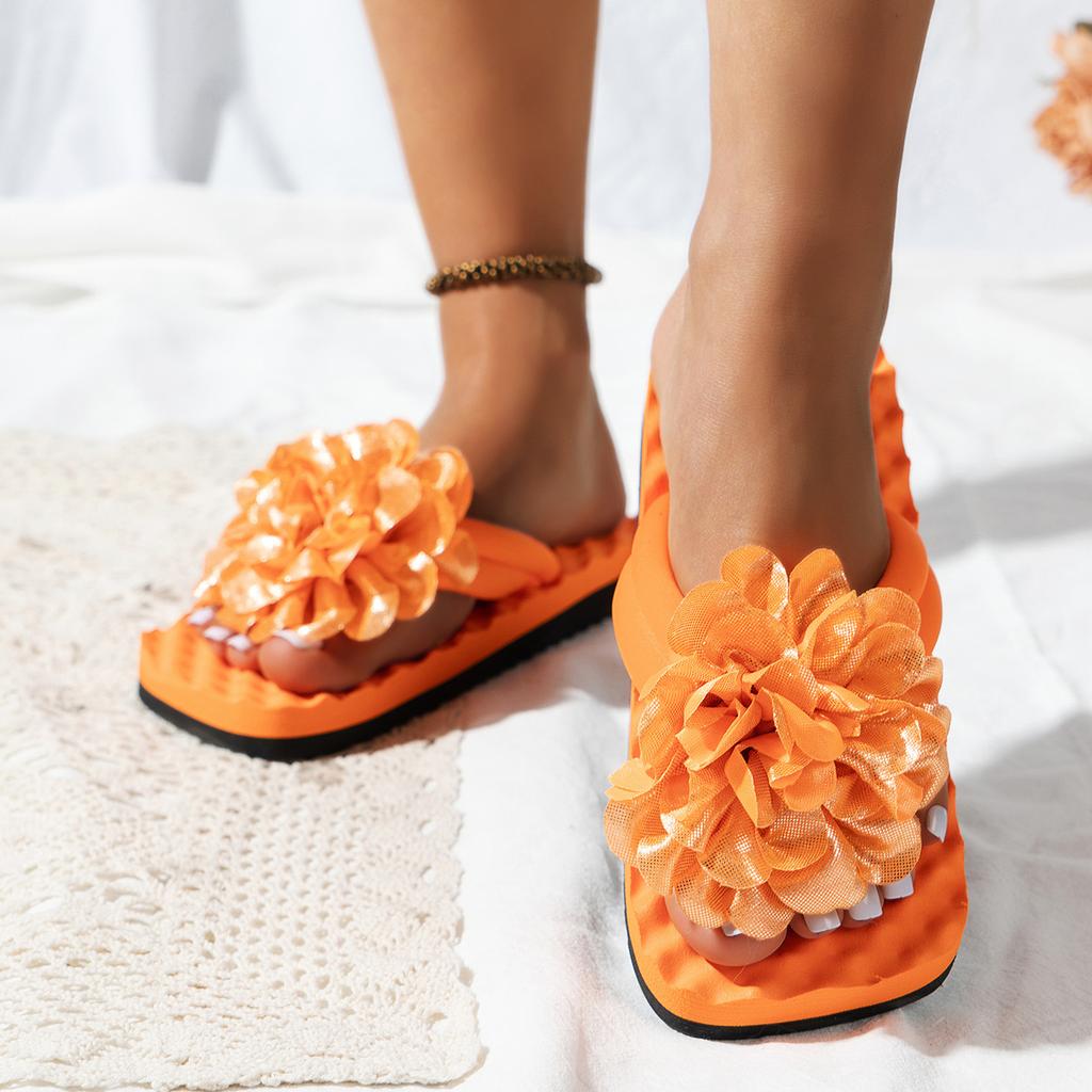 Европейские и американские женские летние шлепанцы с цветочным декором Macaron Dazzle Color Flat Bottom Beach Slippers Breathable