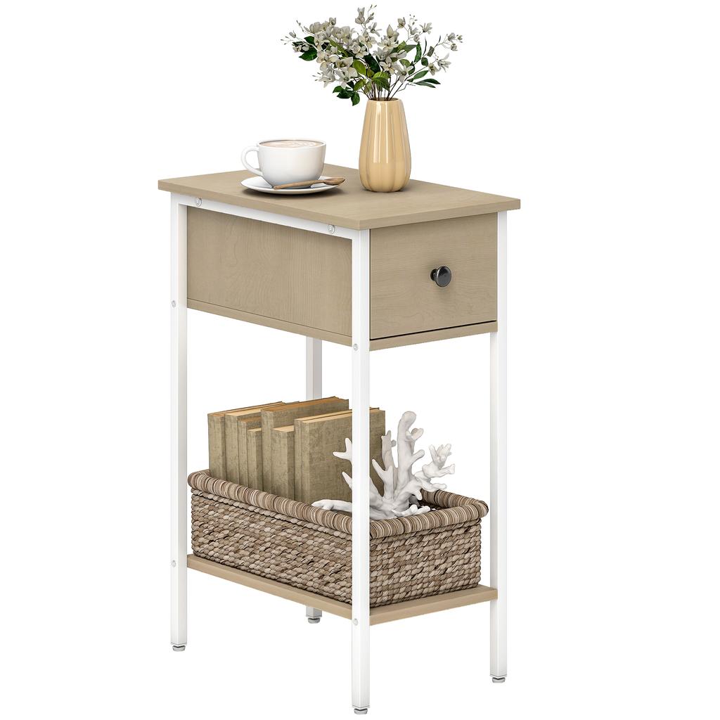 Narrow Side Table with Drawer Open Shelf and Metal Structure for Living Room Bedroom 25x39.8x58.2 cm Natural