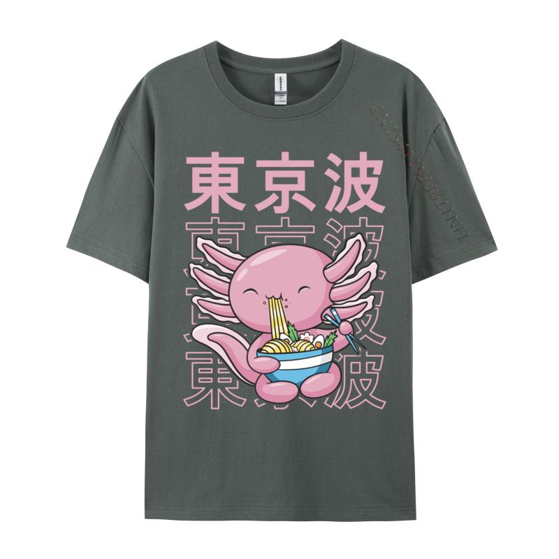 Kawaii Axolotl Eating Ramen Noodles Teens Custom Print T Shirt for Men Family Autumn All Cotton Top T-shirts Hip Hop T Shirt