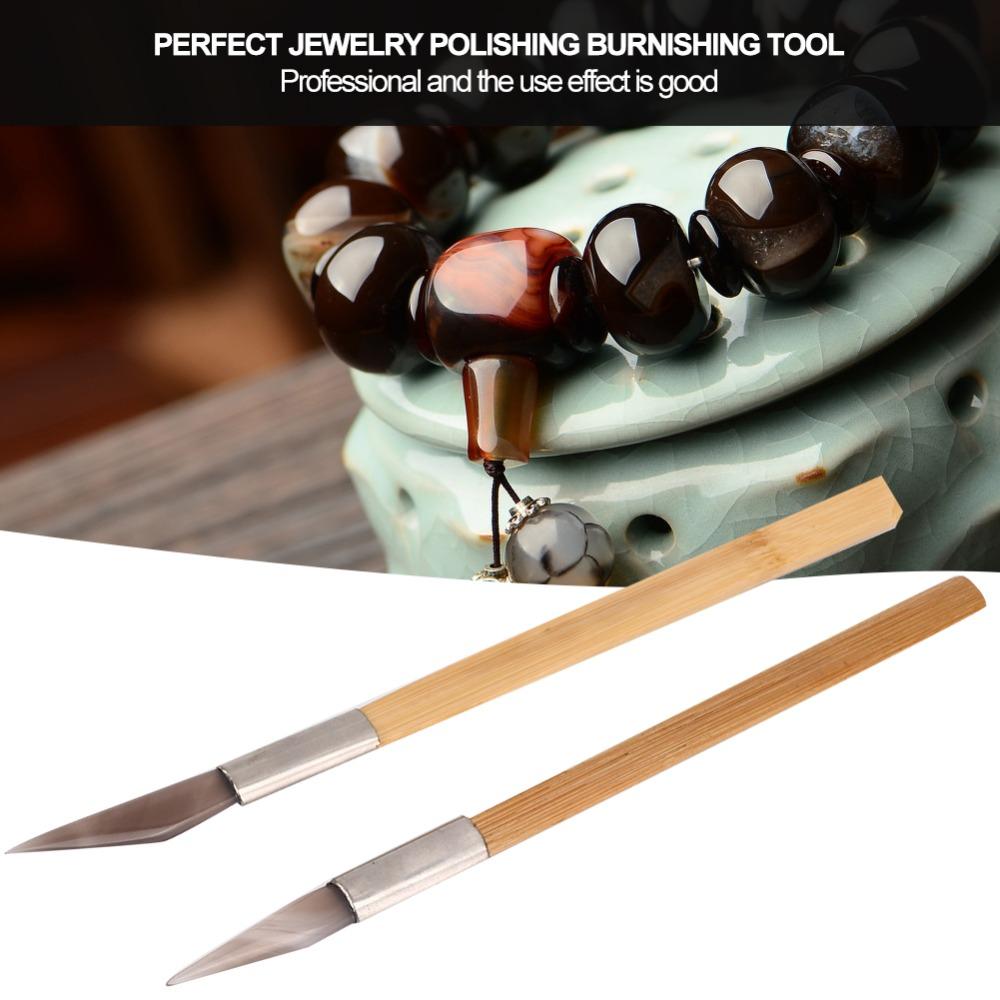 2Pcs Agate Material Jewelry Polishing Tool Wooden Handle Jewelry Tools Agate Burnisher Clay Craft