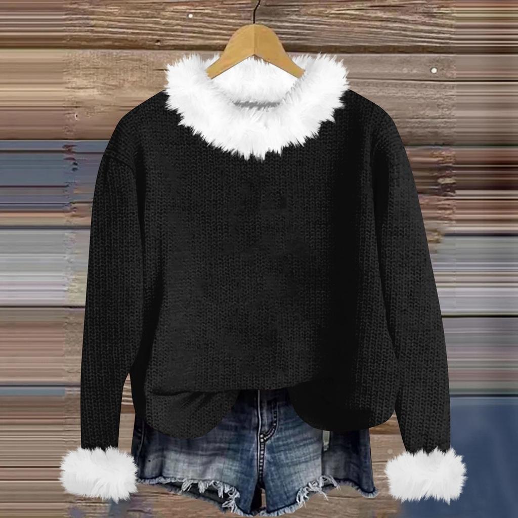 Свитшоты для женщин Вязаный свитер Милая рубашка Осенний круглый вырез Пуловер с меховым воротником Топы