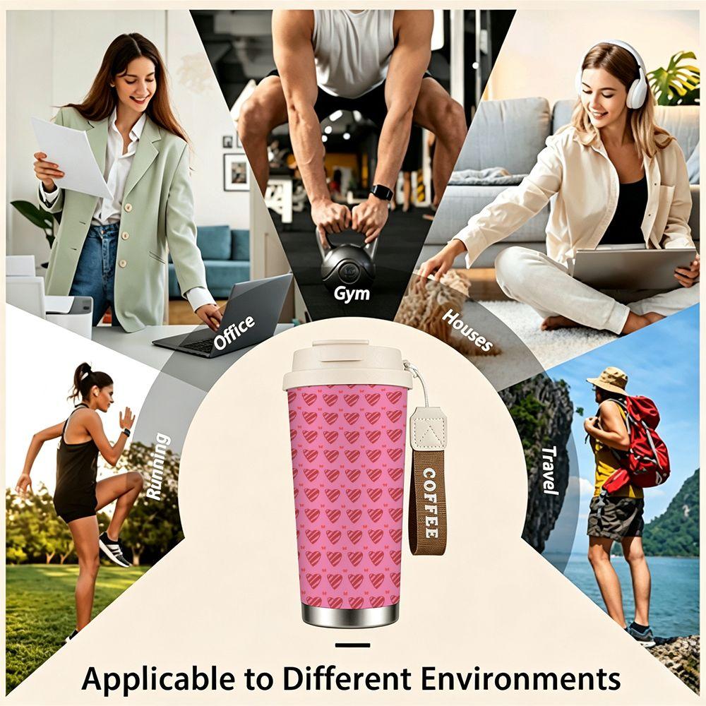 Cute Pink Hearts Pattern Stainless Steel Insulated Coffee Tumbler, Vacuum Thermal Cup with Lid for Hot Cold Drinks Travel Office Gift