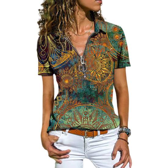 Women Shirt Ethnic Print Zipper Summer All Match Slim-fitting T-shirt Blouse for Travel