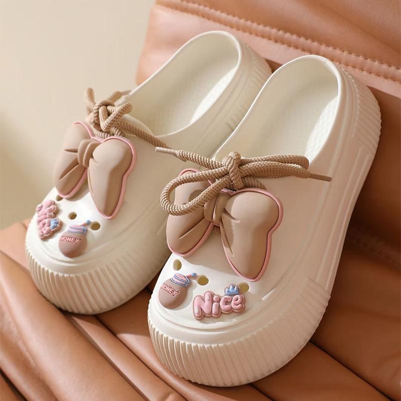 Cute Bow Hollow Slippers for Women, Summer Thick-Soled Platform Slippers, Indoor Outdoor Round Toe Slippers