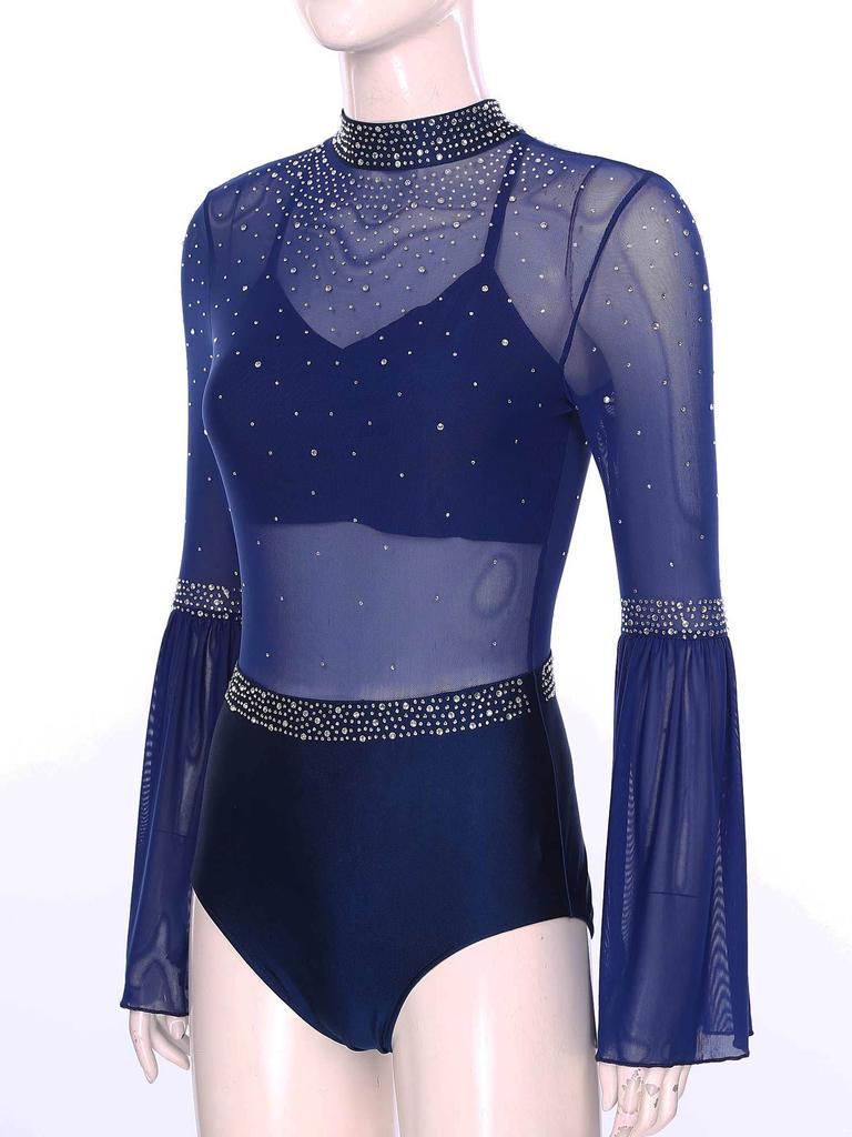 Женский прозрачный сетчатый купальник с воротником-стойкой, рукавами-фонариками, открытой спиной и сверкающими стразами, одежда для танцев