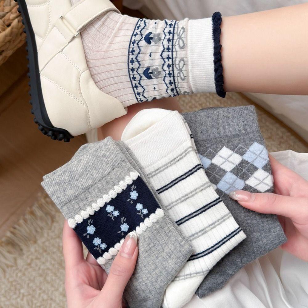 New Korean Style Cotton Socks Small Flower Light Mid-calf Socks Grey Checkered Breathable Boneless Pile Socks Spring Summer