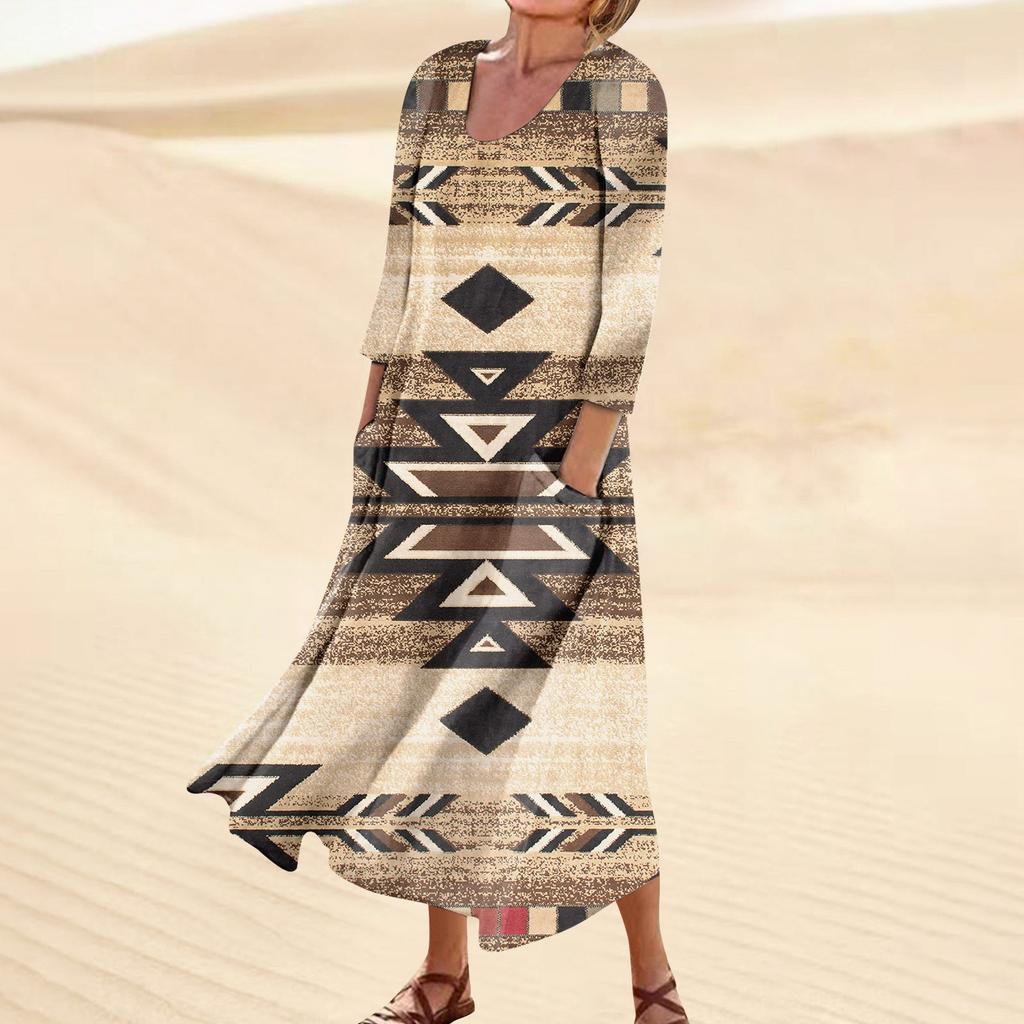 Платье для женщин, весеннее повседневное модное платье в стиле бохо с рукавами 3/4 для праздника, большого размера