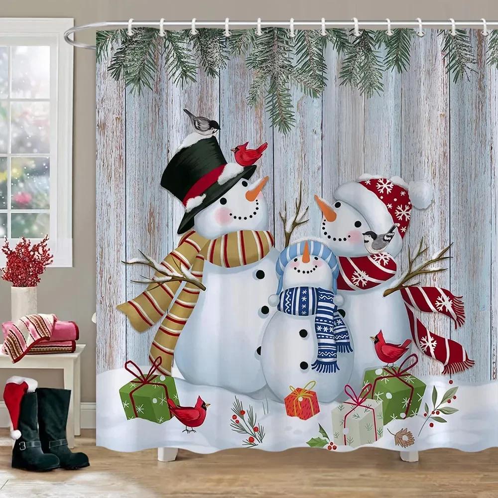 Merry Christmas Bathroom Curtains Snowman Christmas Tree Gift Red Truck Polyester Fabric Washable Shower Curtain Bathroom Decor