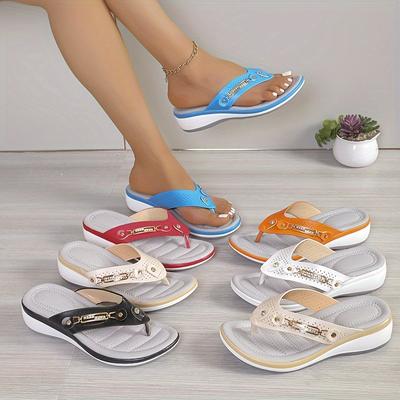 Женские однотонные туфли на флипах, легкая декоративная обувь с пряжкой со стразами, легкая обувь на мягкой подошве, летние повседневные пляжные туфли на танкетке