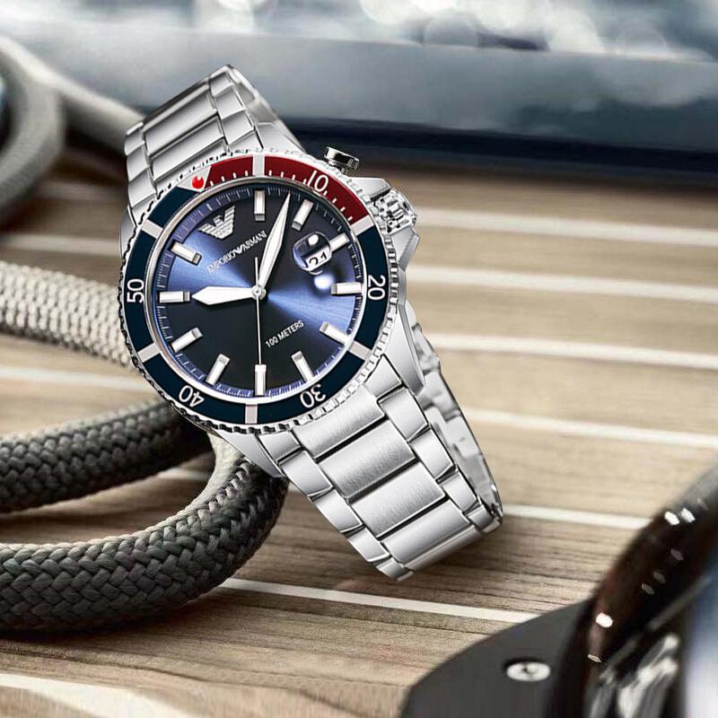 Emporio Armani Кварцевые часы Стальной браслет Синий циферблат Мужские часы Серебристый AR11339