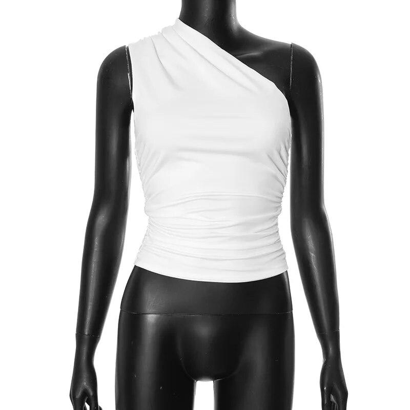 Sleeveless Diagonal Shoulder Women Vest Tops 2024 Backless Casual T-shirt Woman Solid Color Slim Fit Simple Tee Shirt 30618