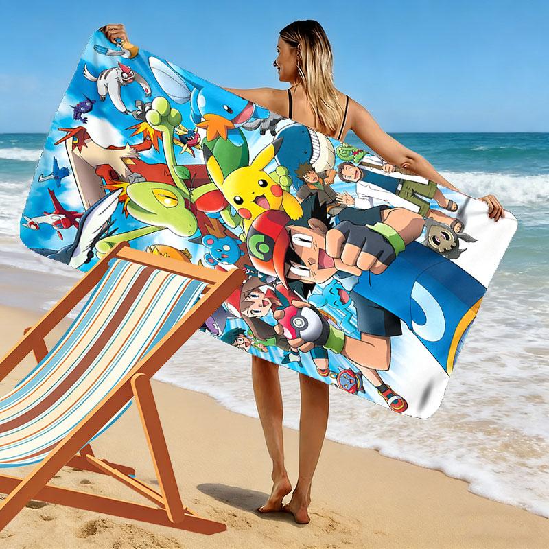 Cartoon Pokemon Print Beach Towel, Large Soft Quick Dry Towel for Beach Camping Swimming