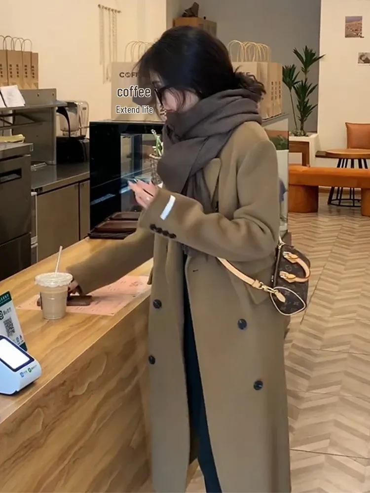 Женское пальто из верблюжьей шерсти 2023 - средней длины, в корейском стиле, свободного кроя, с длинными рукавами, трендовое для осени и зимы