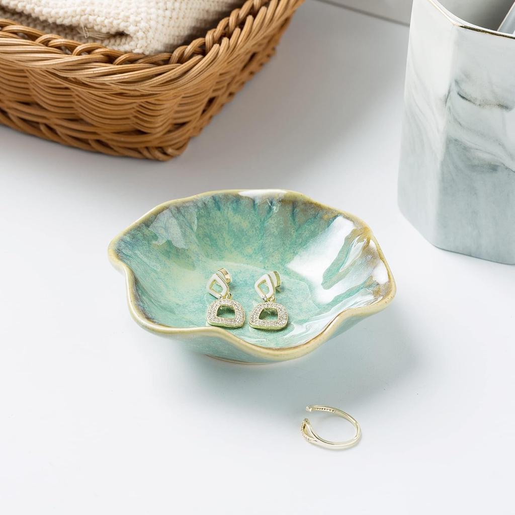Jewelry Dish Tray Ring Dish Ceramic Trinket Tray Key Bowl Decorative Plate for Friends Sisters Daughter Mother Emerald Green