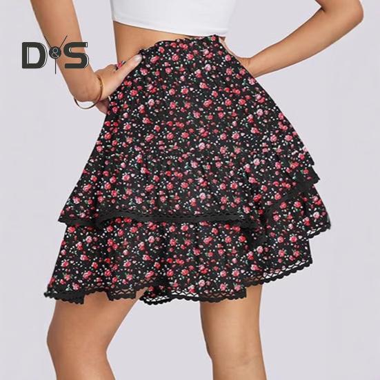 Женская юбка-торт с высокой талией, двухслойная мини-юбка в стиле бохо с оборками и эластичным поясом, кружевная юбка с подолом