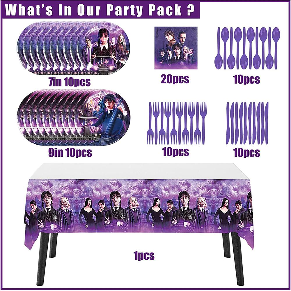 Посуда для вечеринки «Среда Аддамс» включает в себя тарелки, чашки, салфетки, скатерти, столовые приборы