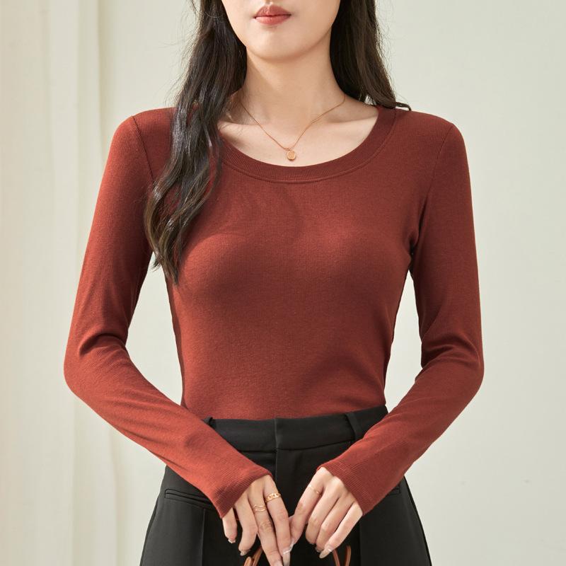 Early Autumn Women's Solid Colour Cotton Simple Inner Positive Shoulder Waist Slim Thin Long-sleeved Bottoming Shirt